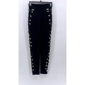 CONTEMPORARY Women's Black-Silver Bead Embellished Skinny-Leg Pull-On Pant SZ S